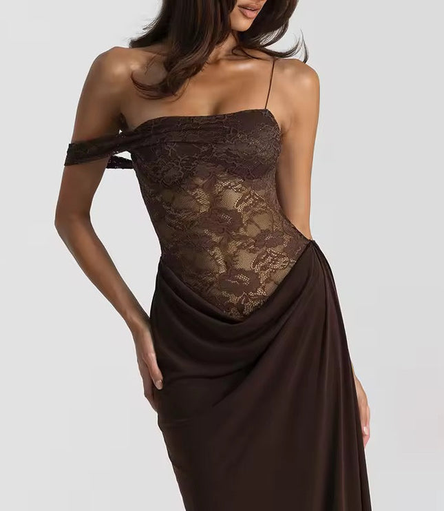 Close-up of the bodice of a brown off-shoulder lace corset maxi dress, showing the lace texture and draped fabric.