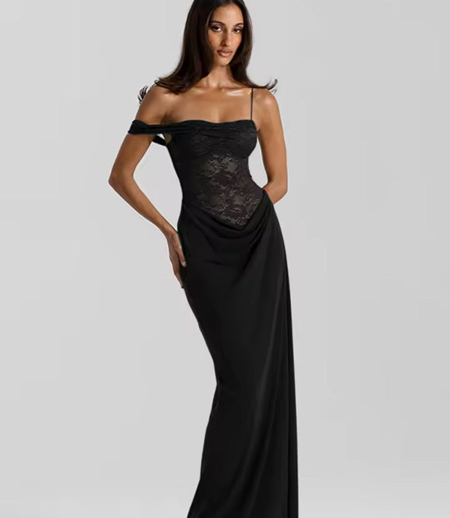 Front view of a woman posing in a black off-shoulder lace corset maxi dress, for formal occasions.