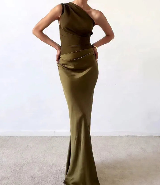 Full-length view of an olive green one-shoulder formal maxi dress with a draped satin skirt, for special occasions.