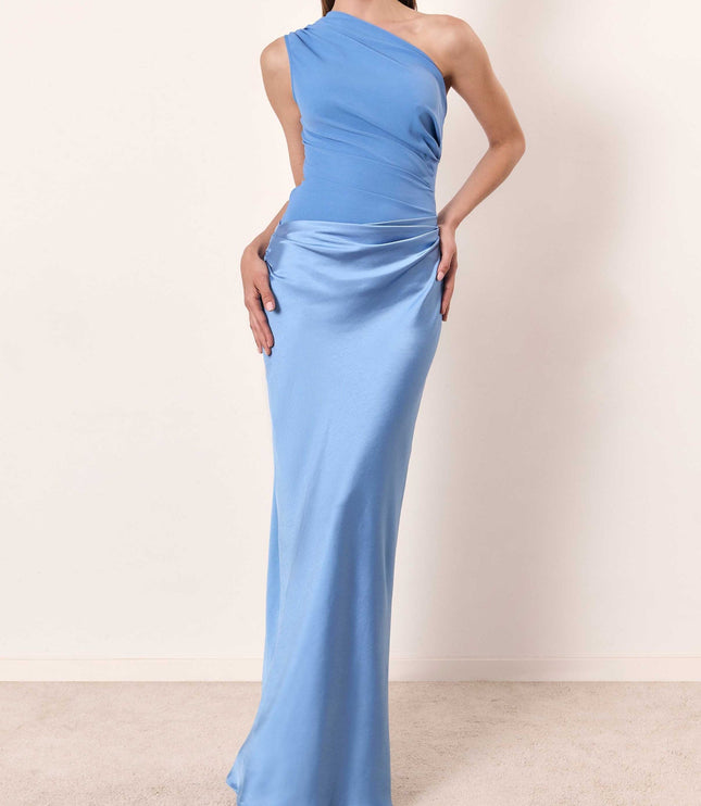 Light blue one-shoulder asymmetrical formal maxi dress with a flowing satin skirt, ideal for wedding suits for women.