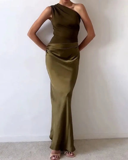 Front view of the women's olive green one-shoulder formal maxi dress, featuring a fitted bodice and satin skirt.