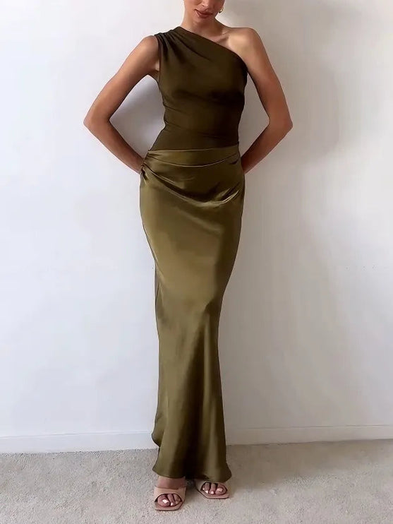 Front view of the women's olive green one-shoulder formal maxi dress, featuring a fitted bodice and satin skirt.
