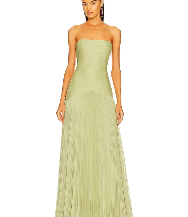 Front view of a women's formal light green strapless dress, featuring a fitted bodice and a long pleated skirt.