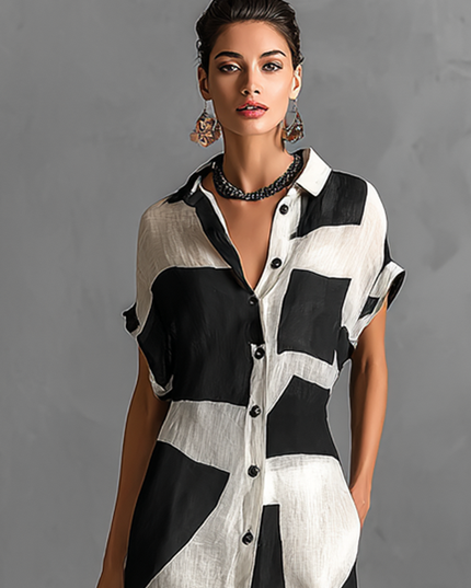 Close-up of the women's geometric print maxi dress, highlighting the lapel collar, short sleeves, and black button details.