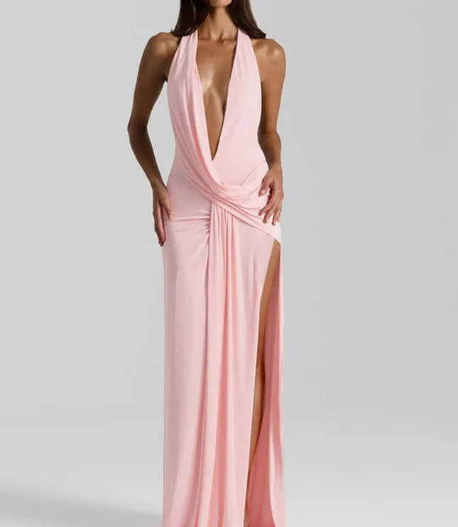 Light pink halter v-neck maxi dress with draped bodice and high leg slit, elegant women's dress.