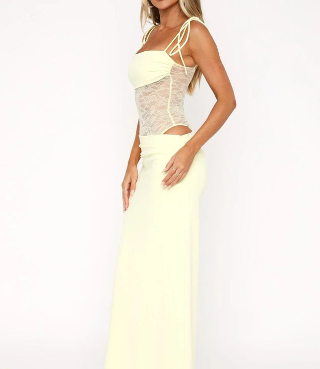 Side view of a pale yellow women's maxi dress featuring a lace panel bodice, spaghetti straps, and a square neckline.