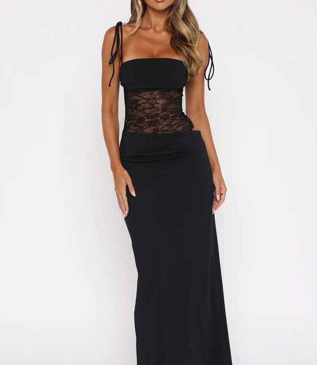 Front view of a women's black lace panel spaghetti strap square neck maxi dress, with tie shoulders and a sleek design.