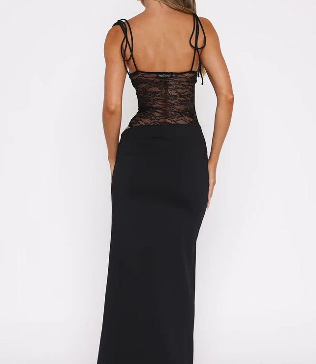 Back view of a black women's lace panel maxi dress with spaghetti straps and a square neckline, showcasing the full length.
