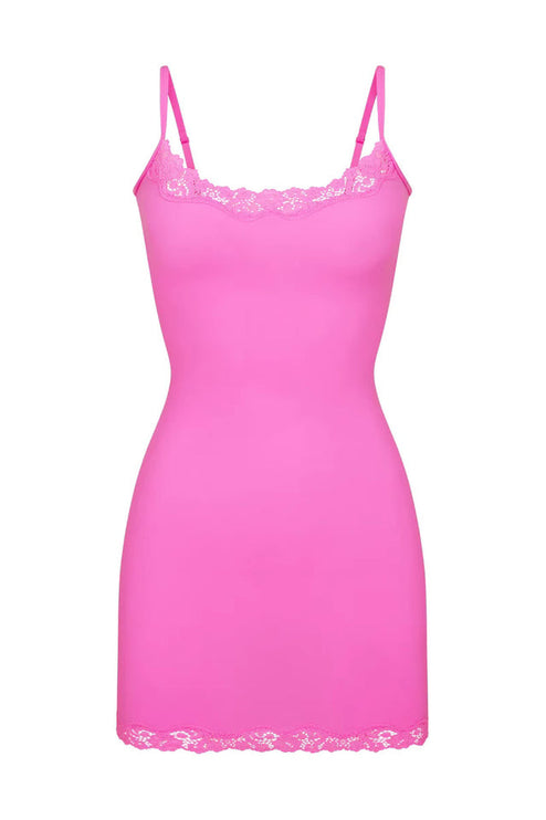 Flat lay of the bright pink lace trim scoop neck mini slip dress, displaying the full design and lace details.