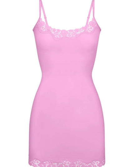 Pink women's lace trim scoop neck mini slip dress on a white background, featuring delicate lace details.