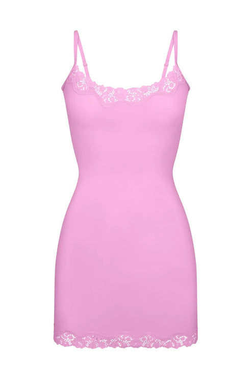 Pink women's lace trim scoop neck mini slip dress on a white background, featuring delicate lace details.