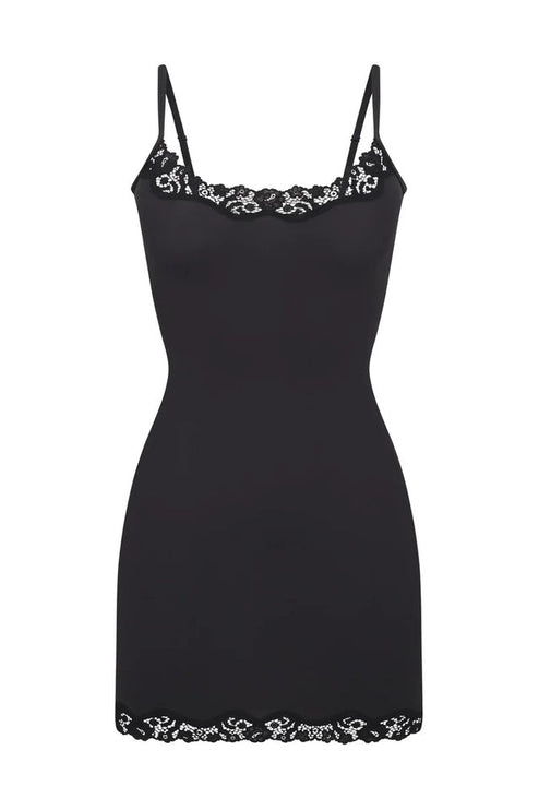 Black women's lace trim scoop neck mini slip dress, highlighting the elegant contrast of the lace details.
