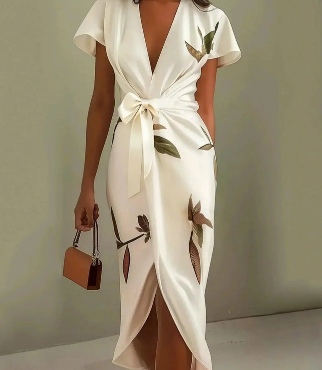 Women's white leaf print v-neck short sleeve midi wrap dress with a tied waist, holding a brown purse.