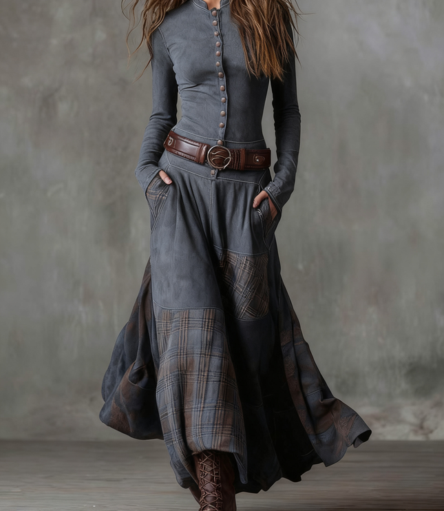 Women's long sleeve button down maxi dress in grey, showcasing a plaid panel skirt and brown belt.