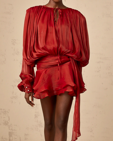 Women Long Sleeve Tie Waist Ruffled Mini Dress - product image 4