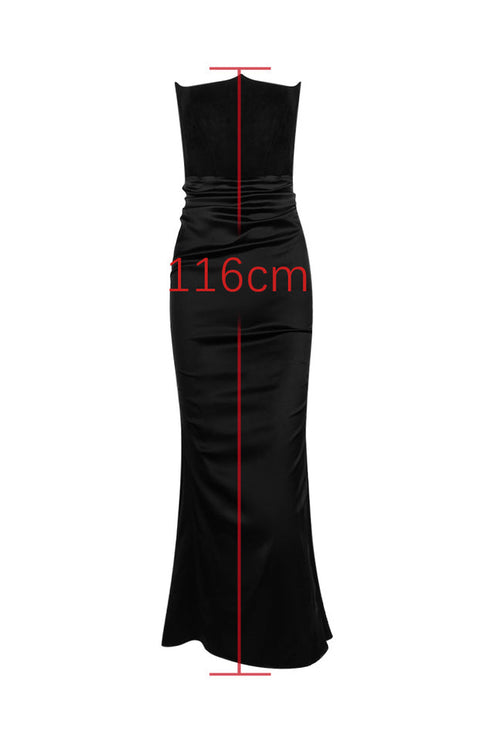 Diagram showing the 116cm length measurement of the black off-shoulder bustier draped maxi dress.