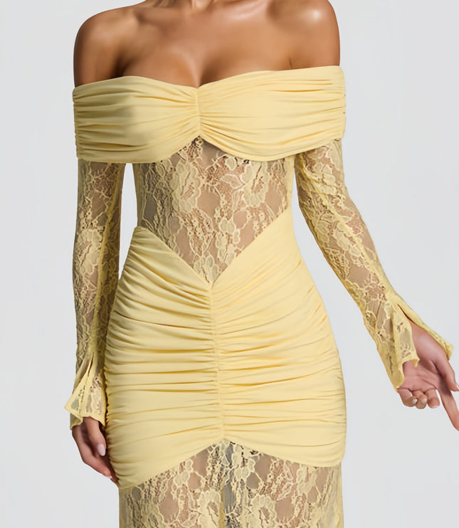 Close-up of the women's yellow off-shoulder maxi dress, highlighting the ruched bust and waist with sheer lace details.