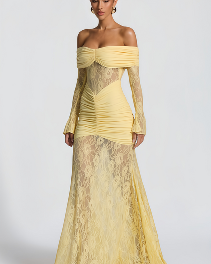 Front view of the women's light yellow off-shoulder ruched lace panel maxi dress, featuring long lace sleeves.