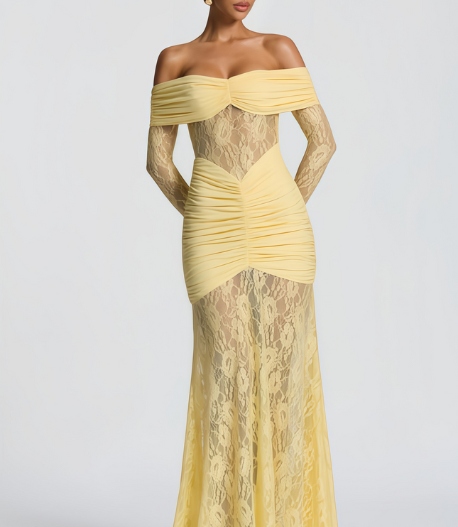 Full-length women's off-shoulder maxi dress in light yellow with ruched bodice and intricate lace paneling.