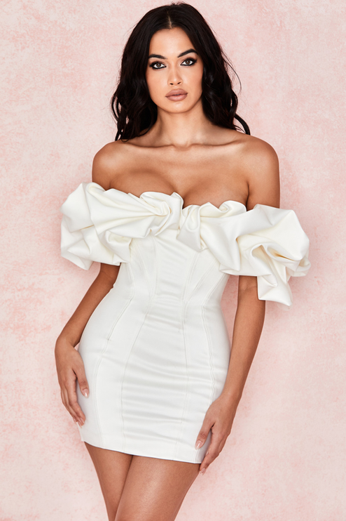 Front view of a white off-shoulder ruffle satin mini dress, showcasing the sweetheart neckline and corset-style bodice.