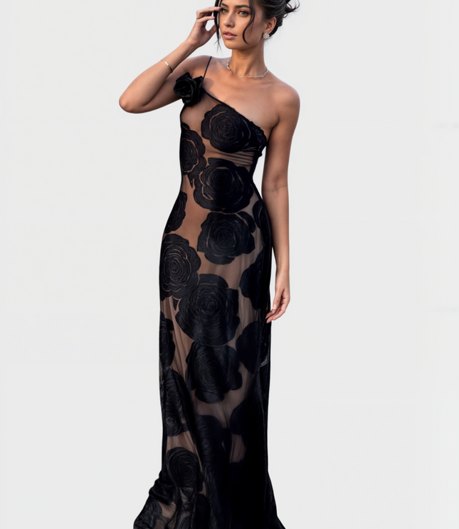 Full-length view of the women's one-shoulder black rose floral maxi dress, featuring a single strap and elegant design.
