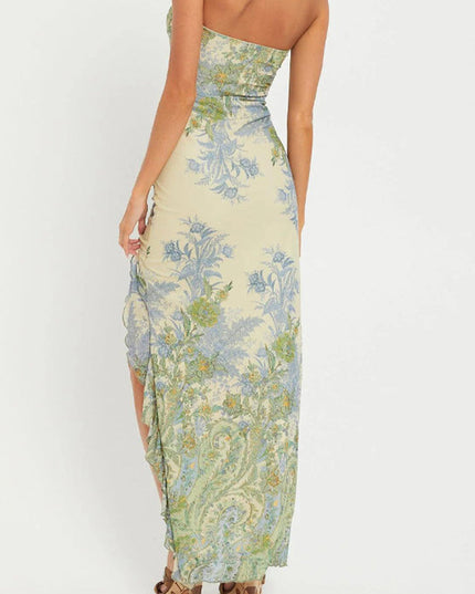 Back view of the women's paisley print bandeau high slit maxi dress, showing the flowing skirt and elegant pattern.