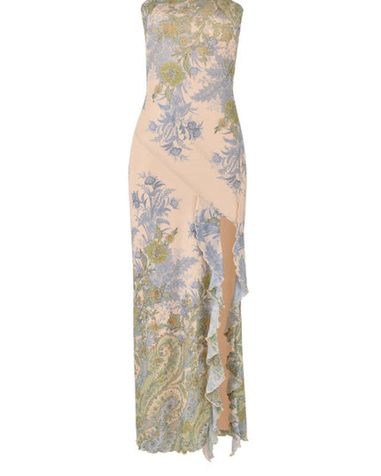 Front flat lay of the women's bandeau high slit maxi dress, displaying the full paisley print and ruffled slit design.