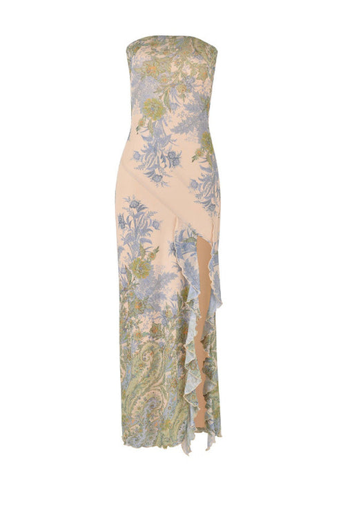 Front flat lay of the women's bandeau high slit maxi dress, displaying the full paisley print and ruffled slit design.