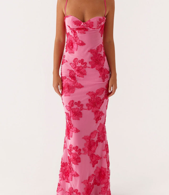 Front view of women's pink floral sweetheart neck maxi dress, standing straight, showcasing the full design.