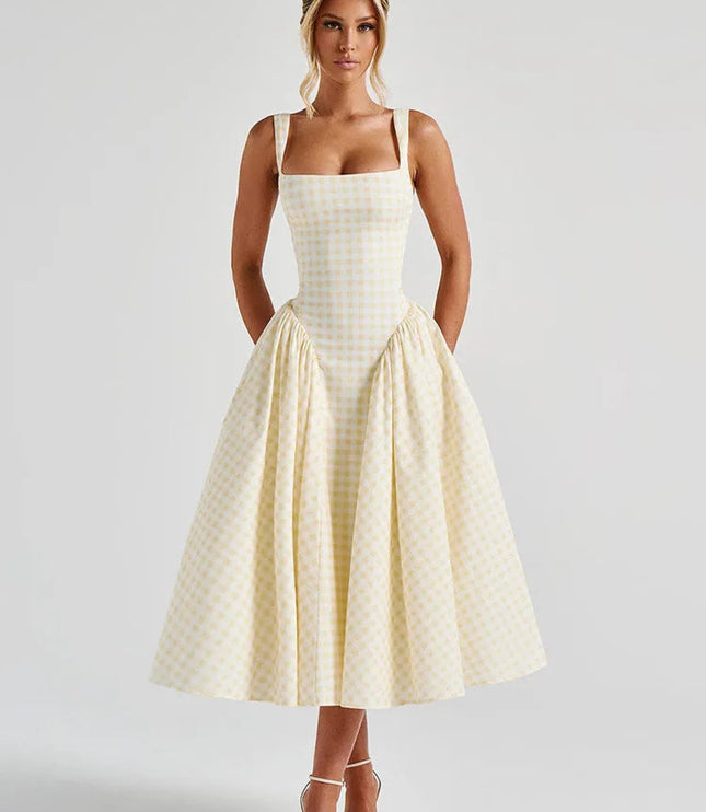 Front view of women's light yellow gingham square neck midi dress, featuring a wide square neckline and gathered skirt