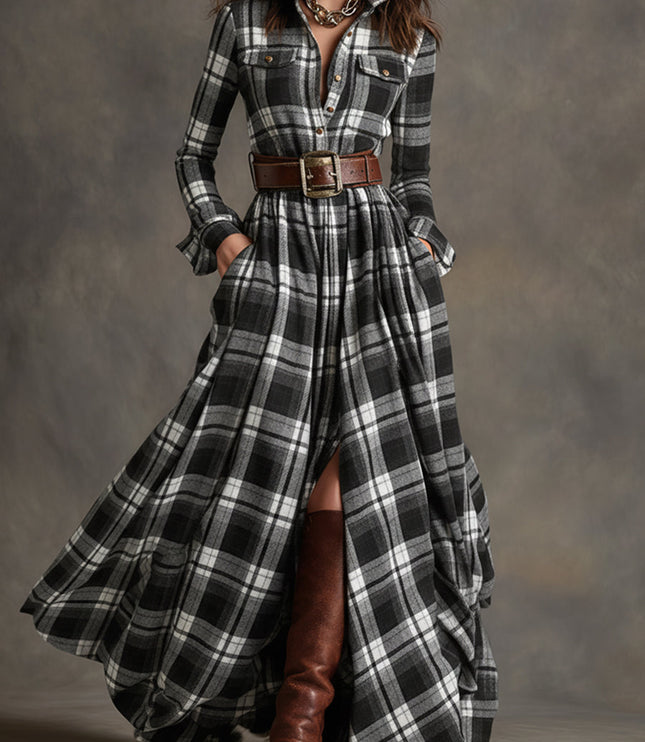 Women's black and white plaid long sleeve button down maxi dress with a brown belt, side pockets, and brown boots.