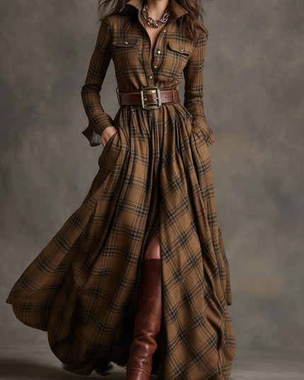 Women's brown and black plaid long sleeve button down maxi dress with a brown belt, open front, and brown boots.