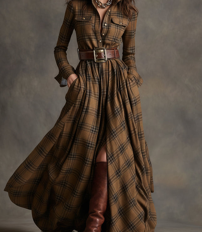 Women's brown and black plaid long sleeve button down maxi dress with a brown belt, open front, and brown boots.