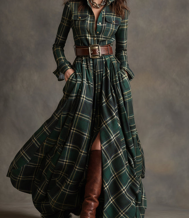 Women's green and yellow plaid long sleeve maxi dress with button down front, brown belt, and side pockets, paired with brown boots.