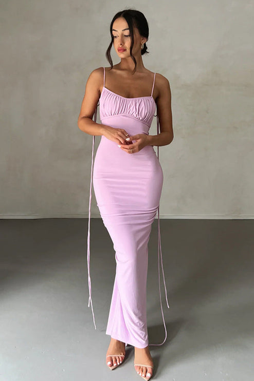 Front view of a women's light purple pleated plunge neck maxi dress, showing the full length and fitted style