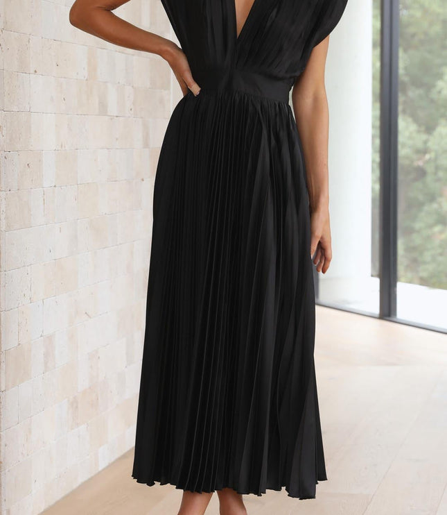 Full-body shot of the women's black pleated v-neck midi dress, featuring a cinched waist and elegant flowing skirt.