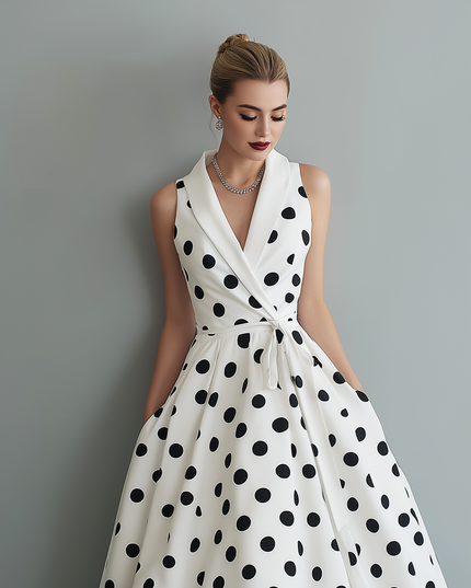 Close-up of a white polka dot collared V-neck sleeveless midi dress, showing the tied waist detail.