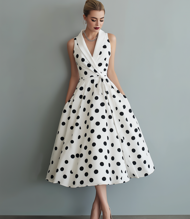 Full view of a women's white polka dot midi dress with a collared V-neck, sleeveless design, and tied waist, suitable as a suit dress.