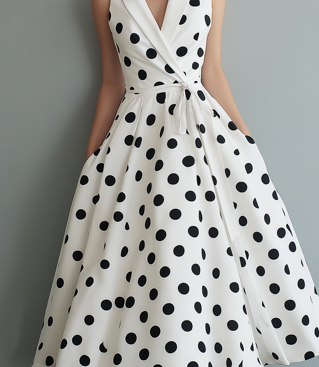 Detail of the flowing skirt on a white polka dot sleeveless midi dress with a collared V-neck and tied waist.