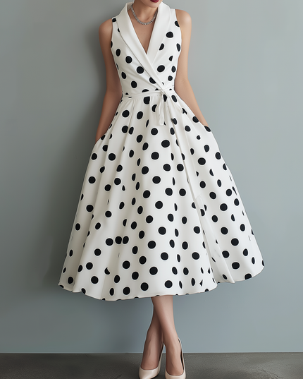 White sleeveless midi dress with black polka dots, featuring a collared V-neck and tied waist, paired with nude heels.