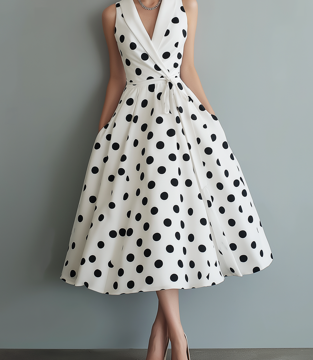 White sleeveless midi dress with black polka dots, featuring a collared V-neck and tied waist, paired with nude heels.