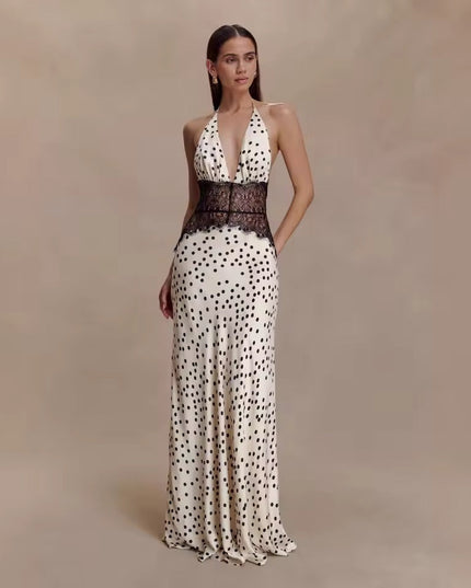 Front view of the women's polka dot halter neck lace maxi dress, showing the intricate black lace detail and flowing silhouette.