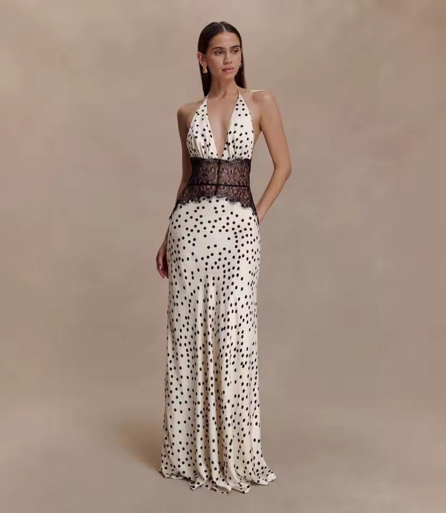 Front view of the women's polka dot halter neck lace maxi dress, showing the intricate black lace detail and flowing silhouette.