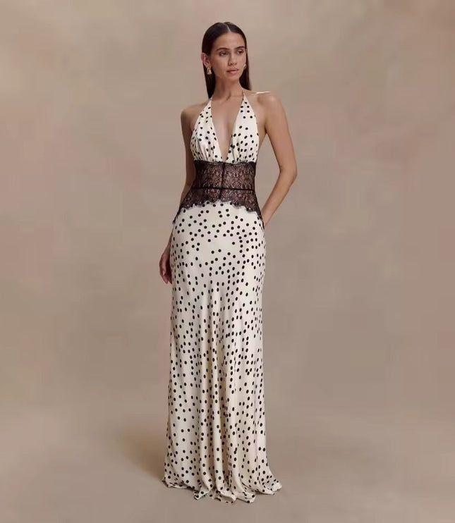 Elegant women's polka dot halter neck lace maxi dress, full body view, for evening wear or special occasions.
