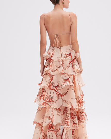 Back view of the women's prom maxi dress, showing the tiered ruffle skirt and delicate spaghetti straps.