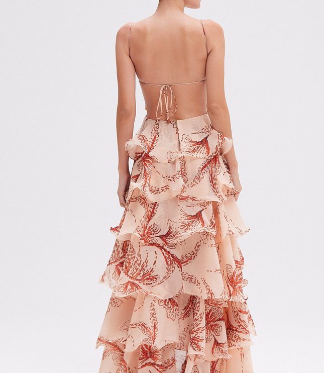 Back view of the women's prom maxi dress, showing the tiered ruffle skirt and delicate spaghetti straps.