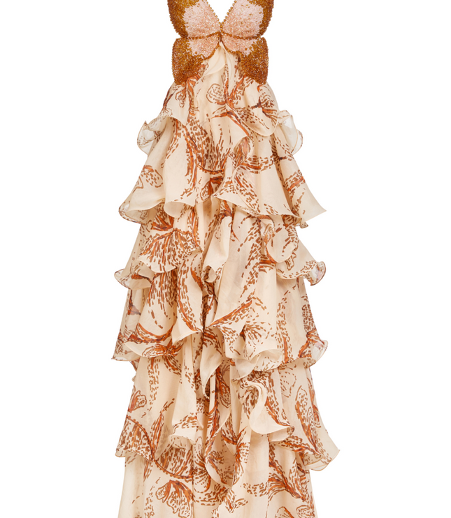 Front view of the women's prom beaded butterfly tiered ruffle maxi dress, laid flat on a white background.