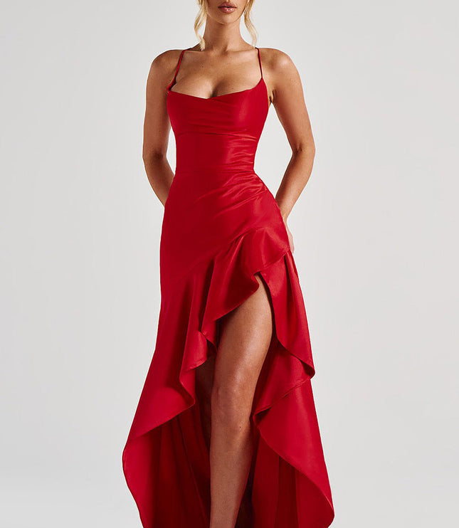 Vibrant red cowl neck high low maxi dress, for prom, with a dramatic ruffled skirt.