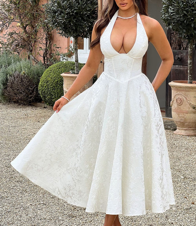 Front view of a white jacquard midi dress, showcasing the textured fabric and full skirt.