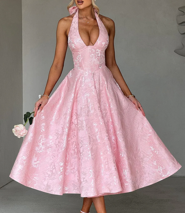 Pink jacquard halter v-neck midi dress with a full skirt and structured bodice, for prom.